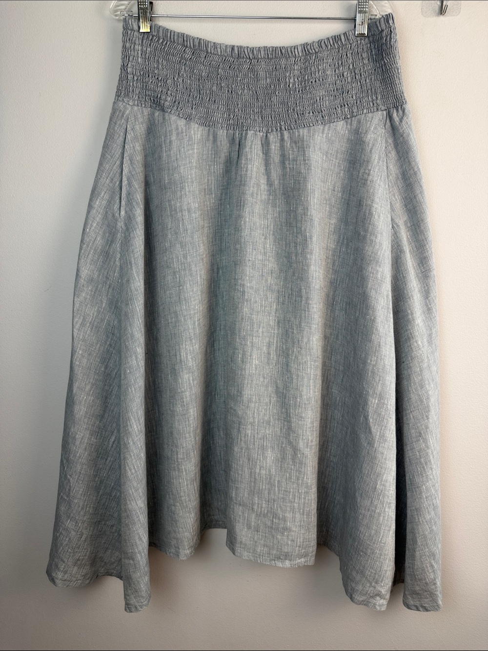Eileen Fisher Organic Linen Smocked A-Line Skirt Handkerchief Hem Medium Pockets - Picture 2 of 16